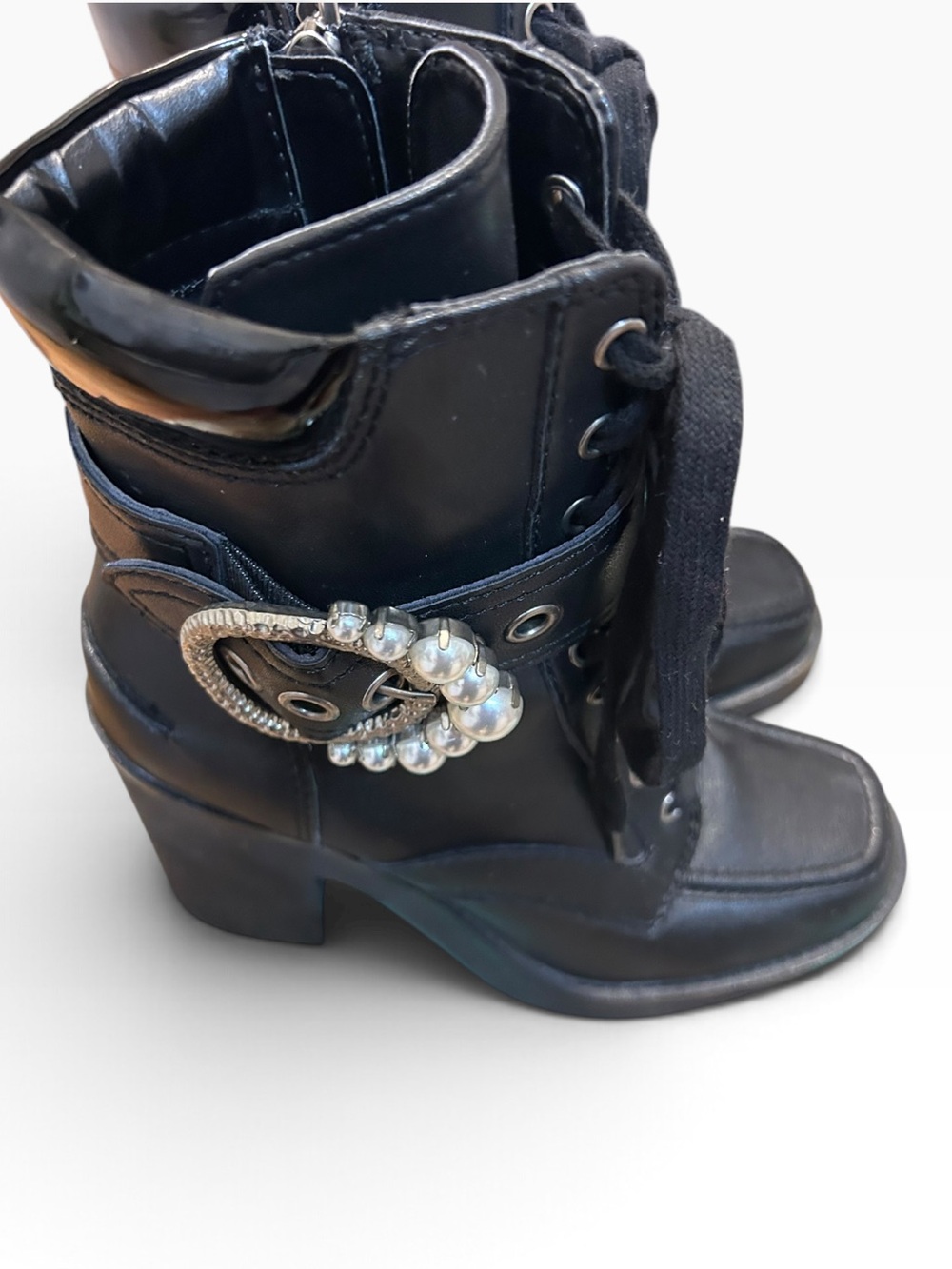 Karl Lagerfeld Black Lace-Up Boots with Silver and Pearl Detail